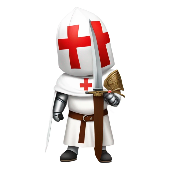 knight Templar wearing a white tunic with a Red Cross on the front, a white mantle with a hood. And a Red Cross on the left side. A male head with a red smokers cap on. He should be holding a sword in the carry position. sticker