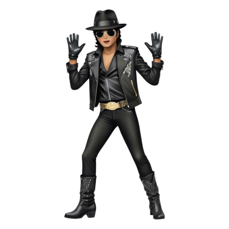 Icon for R&B Music: Michael Jackson on stage in full body, wearing his iconic concert costume—black leather jacket, sequined glove, fedora, and boots. He strikes a powerful pose, embodying the energy of R&B music. Transparent background. sticker