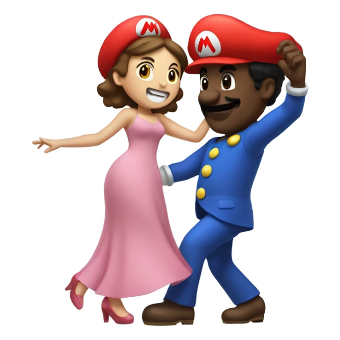 Black man with giant Mario costume head dancing with brunette girl sticker