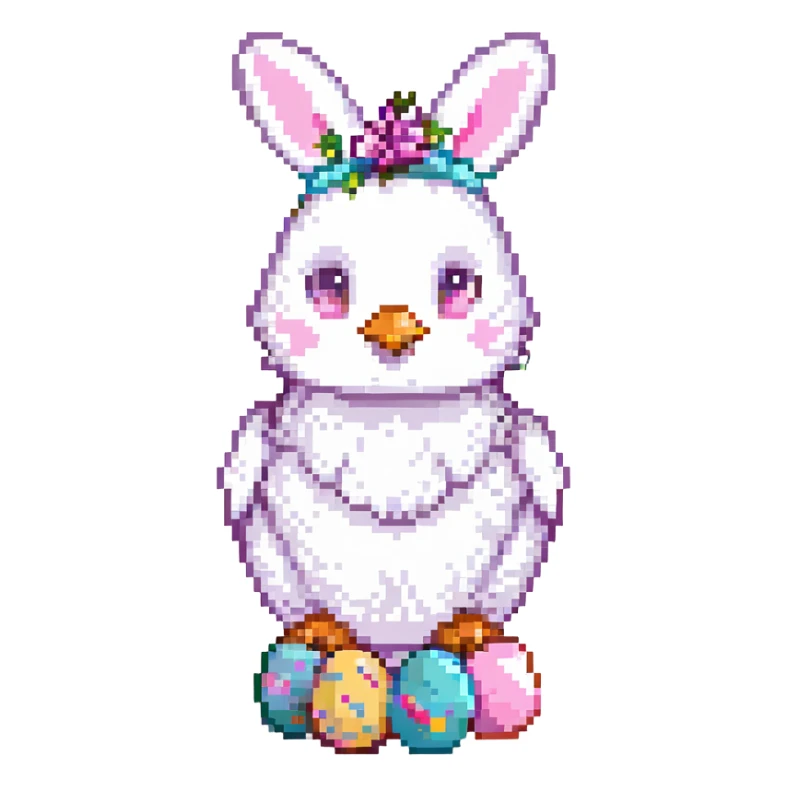 a white hen with pink bunny ears and colourful eggs, pixel art style sticker