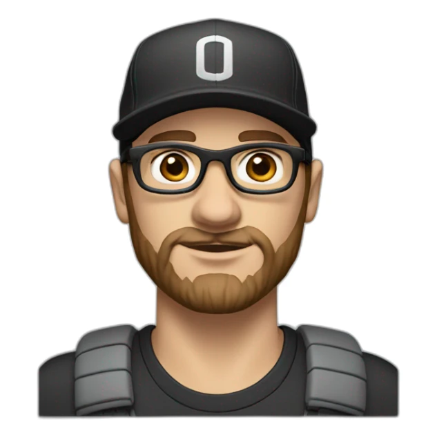 White man with brown hair and a brown beard, has thick eyebrows is wearing black sight glasses. Big nose. Half closed brown eyes. Wearing a Nike cap sticker