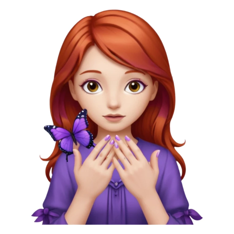 red haired girl finger holding purple butterfly - but her hands down sticker