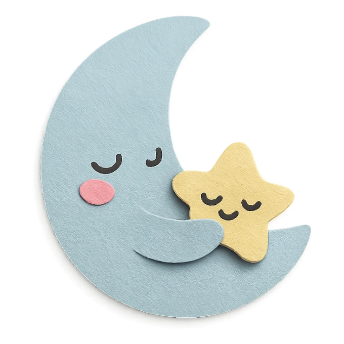 adorable pastel sleepy blue moon snuggling a tiny plush star, no arms or legs, full body sticker
