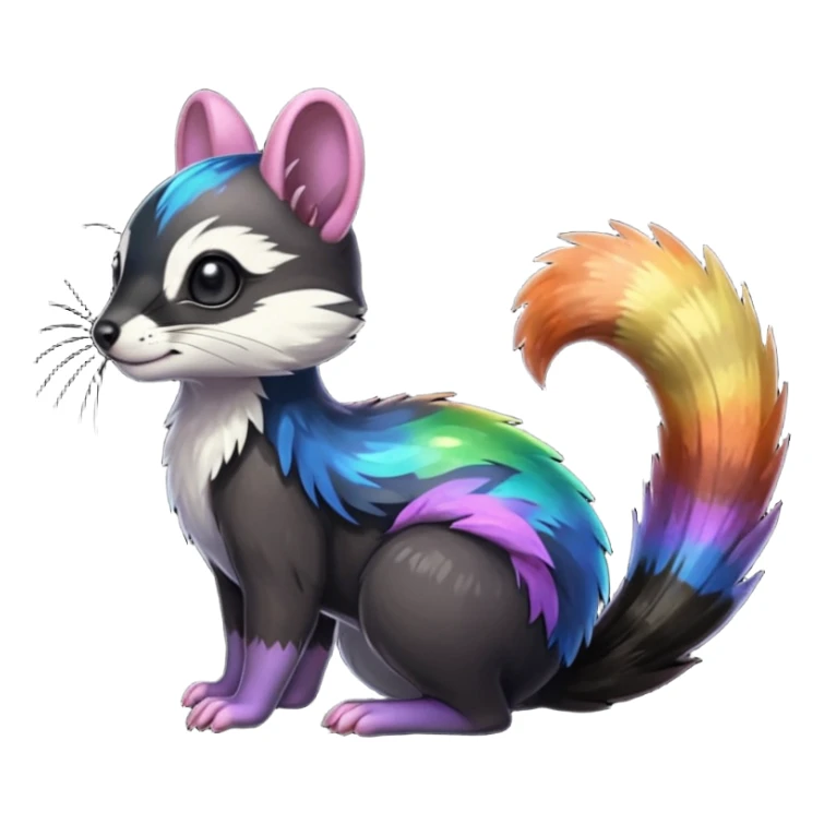 Colorful onyx-obsidian-pitch-black and rainbow-iridescent Cacomistle-Bunnelby-Numbat-Ferret-hybrid-fusion-animal-creature, full body  sticker