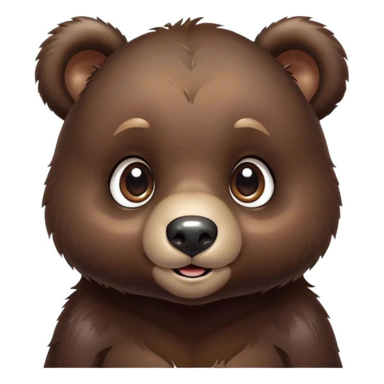 Cinematic Cute bear cub Portrait Emoji, Head tilted playfully and inquisitively, featuring a glossy dark brown fur with a natural sheen and round, sparkling eyes filled with gentle curiosity, Simplified yet irresistibly adorable features, highly detailed, glowing with a warm, friendly glow, high shine, affectionate and mighty, stylized with a touch of woodland whimsy, bright and endearing, soft glowing outline, capturing the essence of a mischievous yet loving bear cub, so playful it feels like it could amble out of the screen and into your arms! sticker
