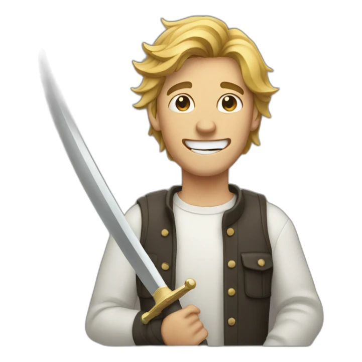 Guy in his twenties holding a sabre between his teeth sticker
