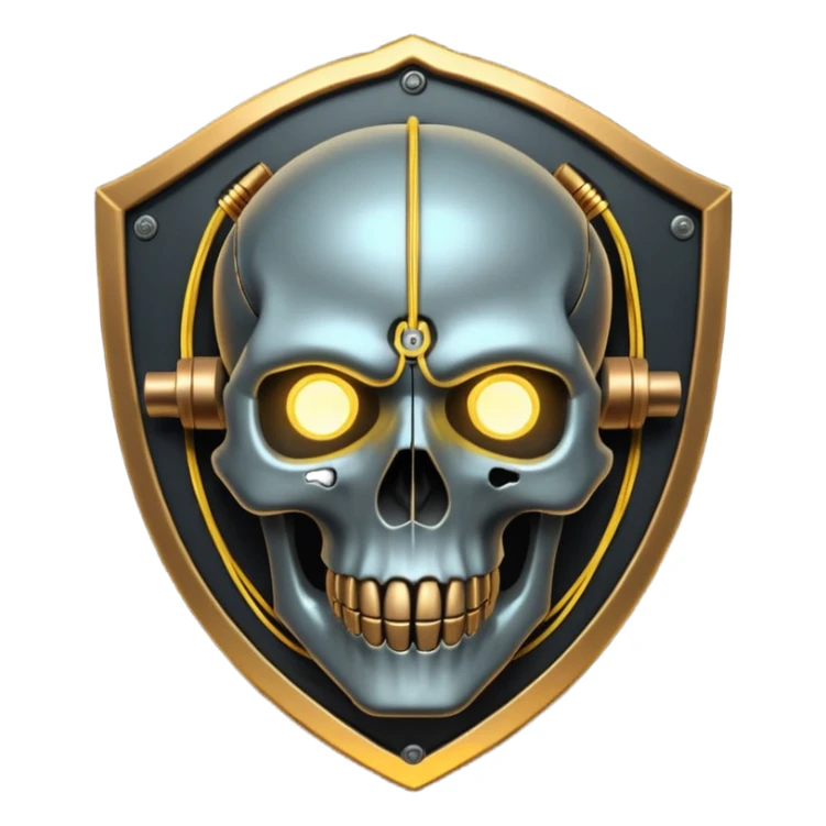 Cyberpunk shield, skull with cybernetic implants, glowing wires, dark electric silver and gold tones, no background sticker