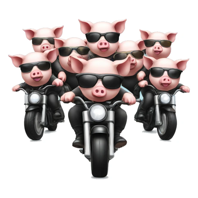 6 Pigs on 6 motorbikes, wearing sunglasses and a helmet sticker