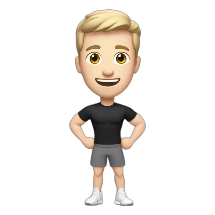 Joyful Celebrating victory Pale skinned Fit Man With the biceps and dark brown hair in black shirt, gray sports shorts and white Sneakers sticker