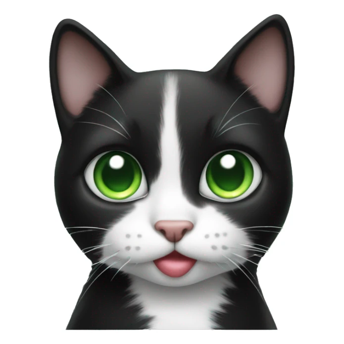 Realistic Black and white cat with green eyes holding a heart sticker