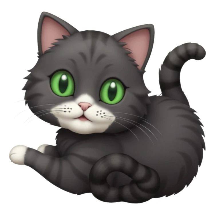 solid dark grey cat with green eyes, white toes/paws playfully rolling upside down sticker