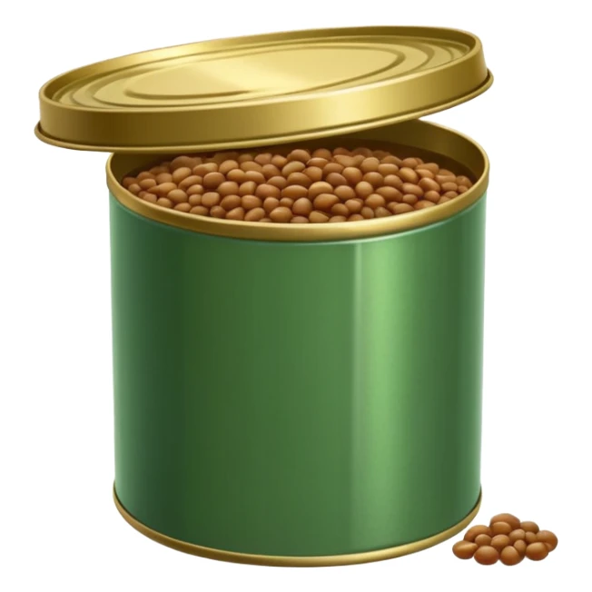 open tin can with glossy brown-green cooked lentils inside, moist, slightly shiny texture, soft rounded shapes, smooth surface, a few lentils spilling near the edge, no spoon, no label, no garnish, soft lighting, subtle shadows, transparent background, emoji scale sticker