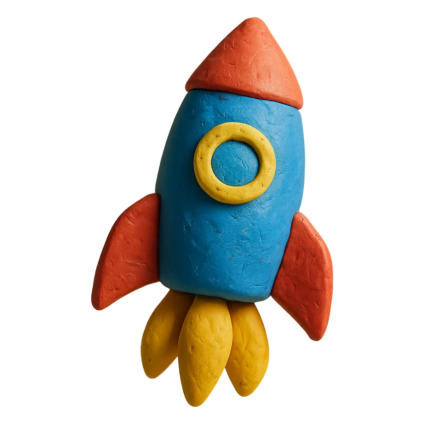 rocket ship, vibrant colors, floating, claymation style, visible fingerprints, soft lighting sticker
