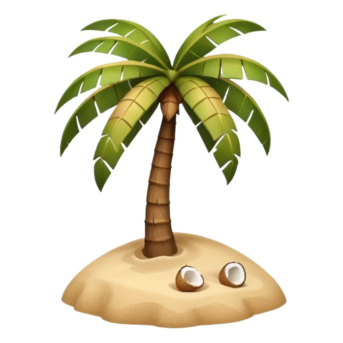 A 3D cartoon coconut palm tree with coconuts near the top and a sandy base, tropical light setting, Memoji-style realism. sticker