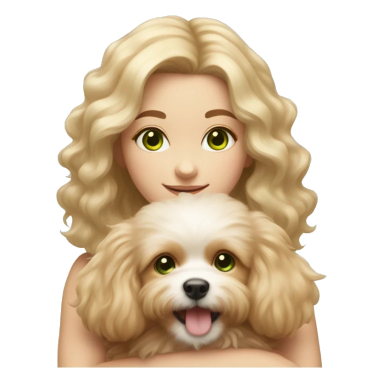Girl with green eyes and light brown hair holding blonde fluffy pomapoo puppy sticker