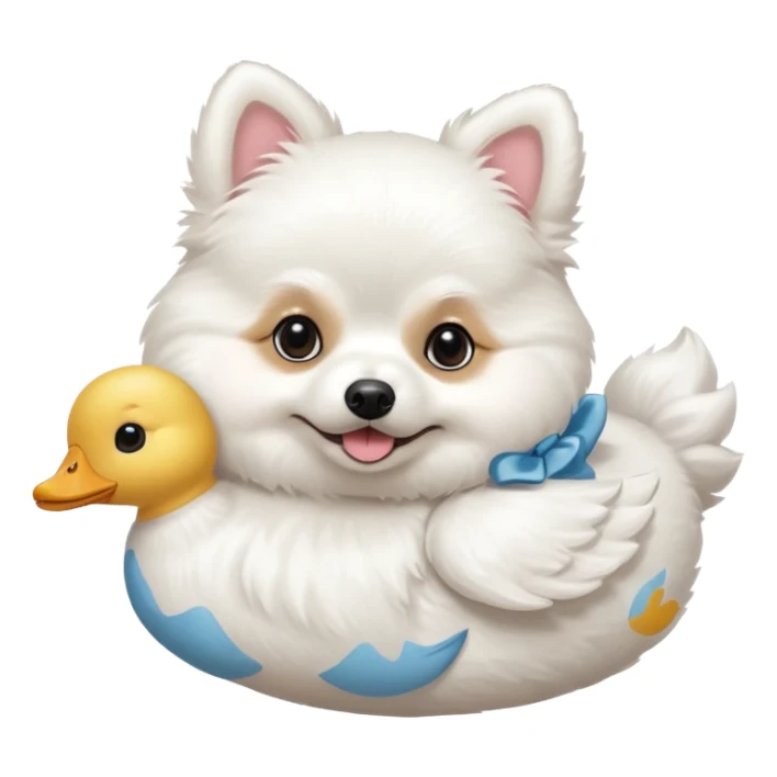 White Pomeranian carrying a stuffed white toy duck sticker