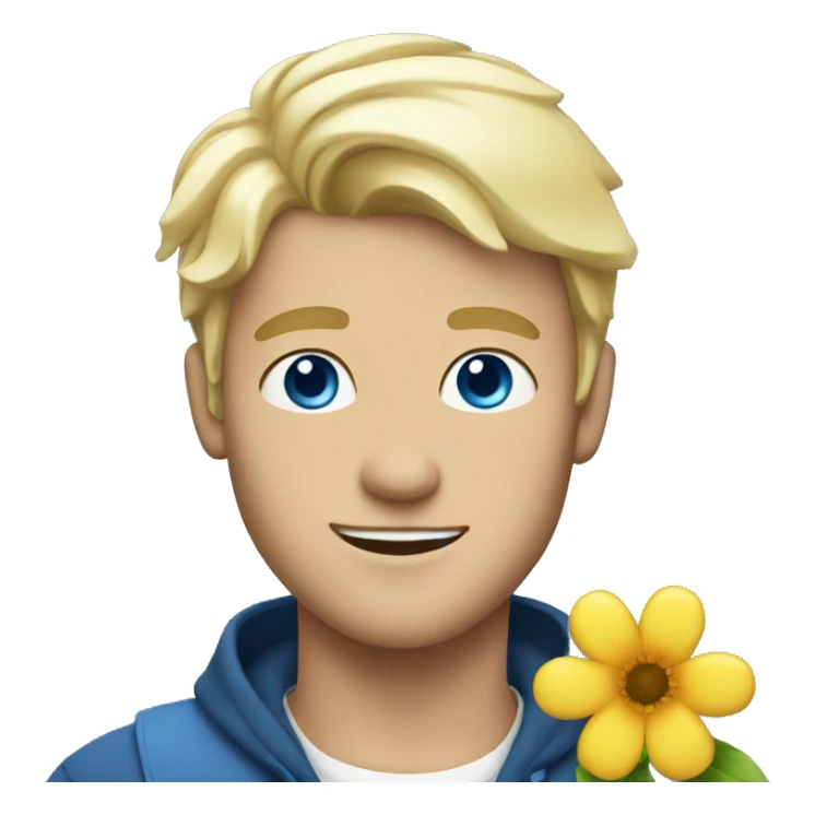 Blonde guy with blue eyes holding flower sticker