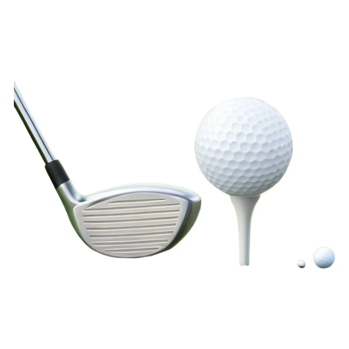 A golf ball on a tee with a golf club placed beside it, set against the backdrop of a well-manicured green golf course. The scene emphasizes the equipment and serene atmosphere of the sport, with soft lighting and a peaceful, open landscape sticker