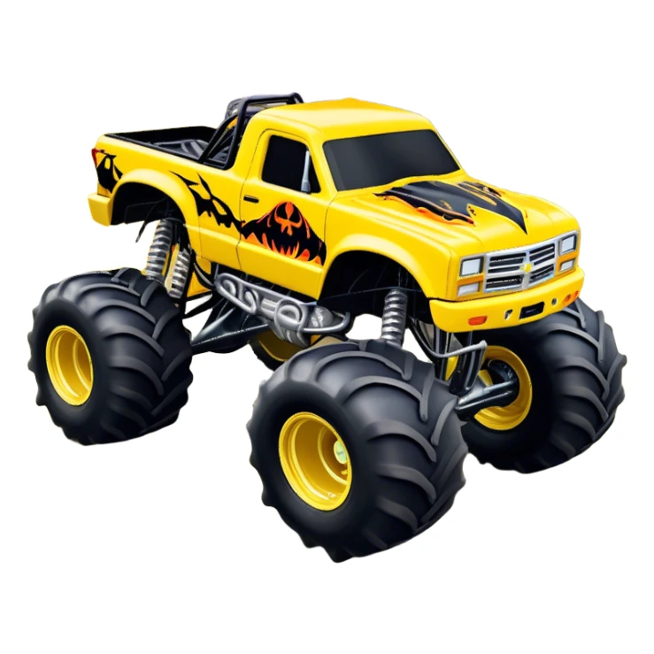 Maximum Destruction - Monster Jam (Model Year: 2021) (Iconic colour: Yellow with black flames) - A ferocious monster truck featuring a vivid yellow base accented by dramatic black flame patterns. Emphasize sharp, high-contrast flame streaks across the body, creating a look of aggressive, explosive energy. sticker