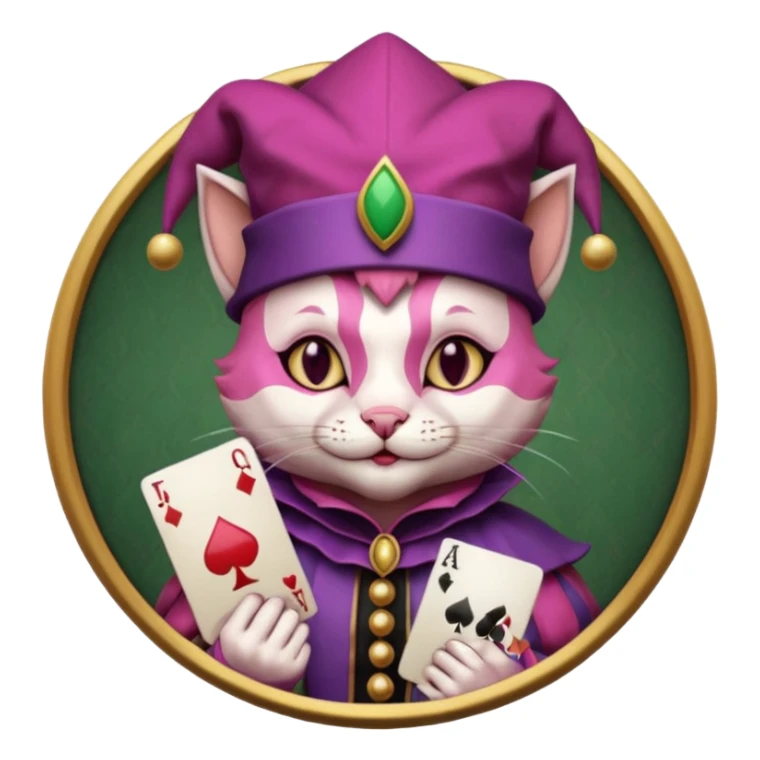 court jester cat medieval, single poker card joker clearly visible, pink, face only, round badge,  court jester cap sticker