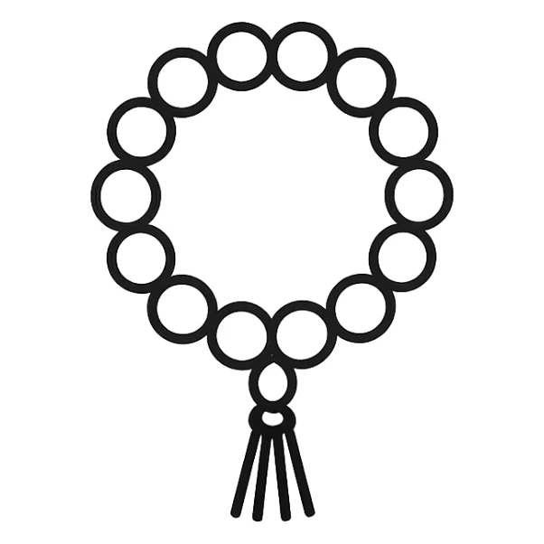 Ultra minimal prayer beads with just a few simple round beads and a tiny tassel, no extra details, plain background, hand drawn icon style with no fill. sticker