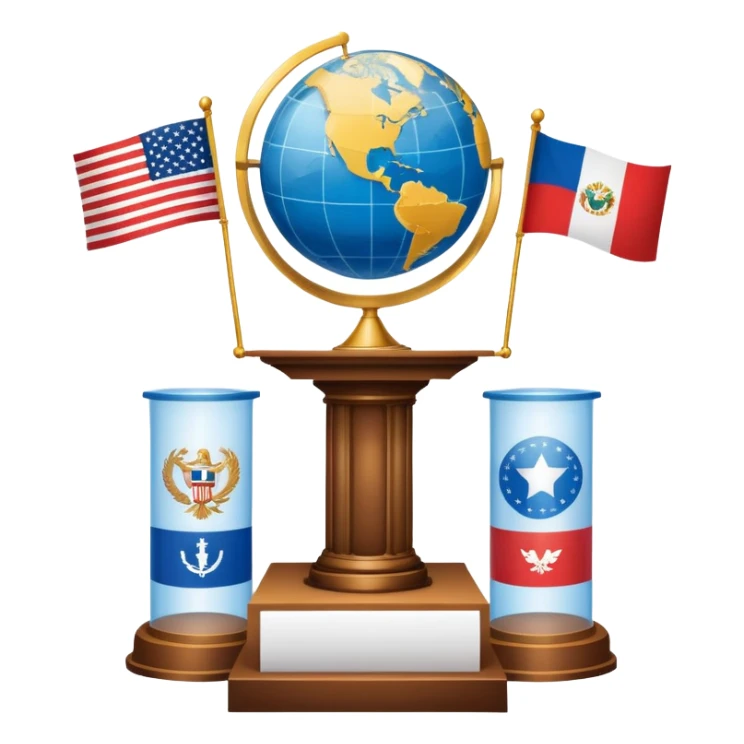 An icon featuring a podium with a speaker, national flags, and voting ballots, symbolizing political science. The design includes a globe and scales of justice in the background, representing governance, global affairs, and political theory. Transparent background emphasizes civic engagement sticker