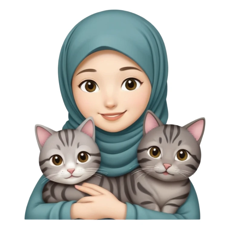 Asian White girl wearing hijab holding a black grey tabby cat while smiling.  sticker