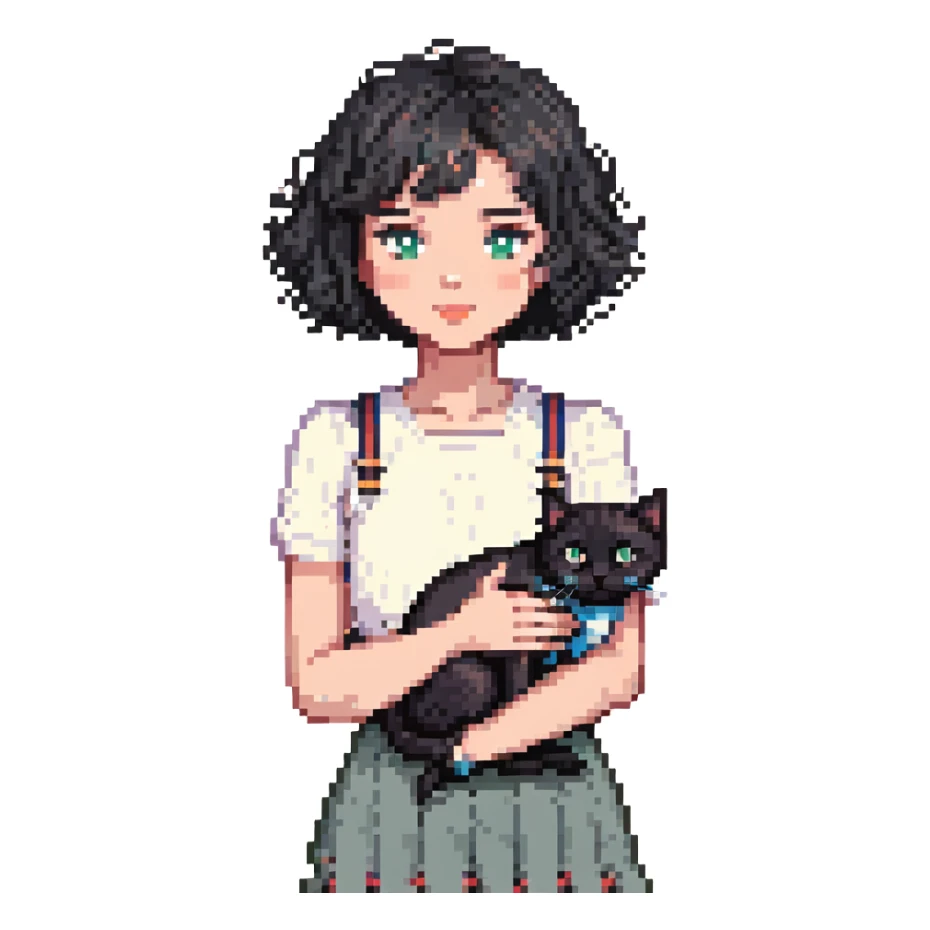 wavy black haired girl with a short haitcut holding a british cat sticker