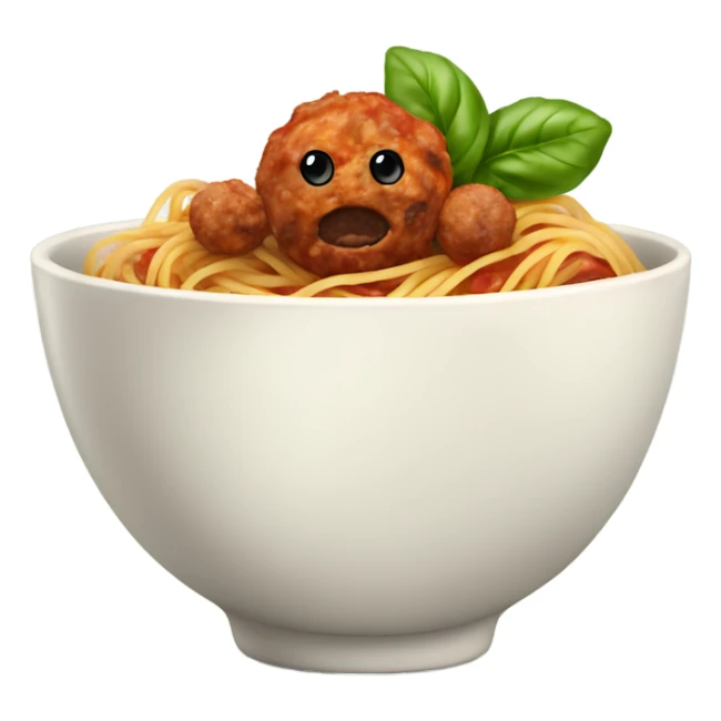 spaghetti with meatballs in a bowl with basil sticker