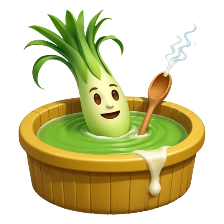 Create a 3D emoji of a relaxed leek in a jacuzzi filled with a slightly lumpy, yellowish-brown sauce sticker
