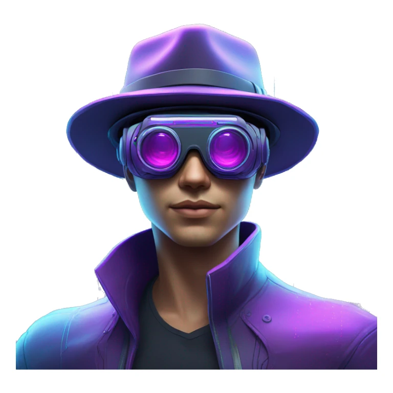 Secret human agent in a hat with  cyberpunk elements in VR googles scanning looking reviewing multicolor lines of code, cyan and purple colors, only upper body portrait sticker