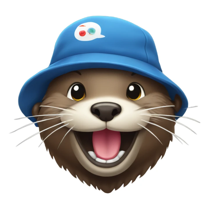 An otter that is very happy because he just went down a mud slide. He is also wearing a backwards hat sticker