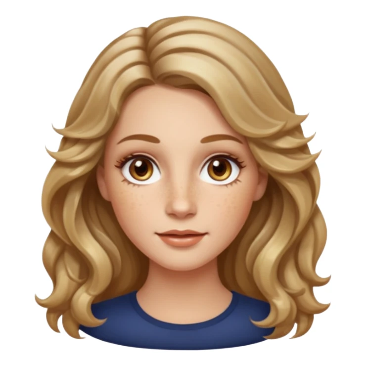 long dark Blond with highlights wavy hair white women, oval shape face hazel eyes long lashes little bit of freckles high cheek bones sticker