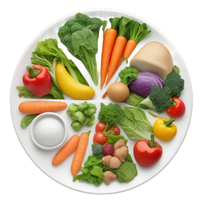 round white plate with healthy food sticker