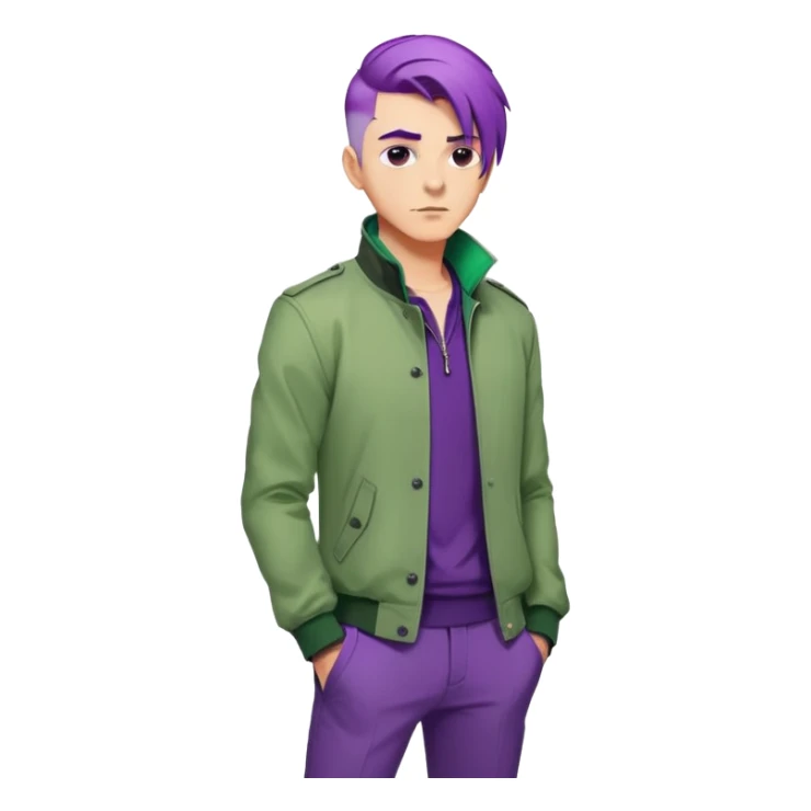 Confident man with purple hair and stylish green jacket, powerful stance like Thanos, modern fashion sticker