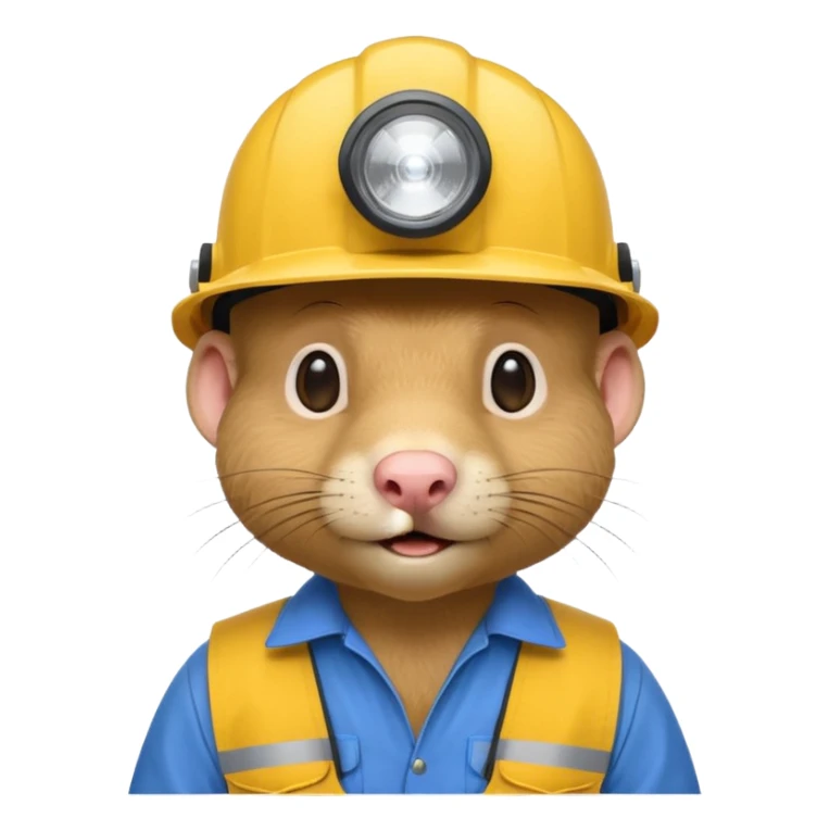 a mole rat, blue helmet, headlamp, yellow worker cloth sticker