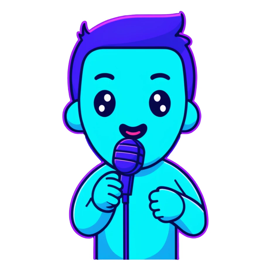 man speaking into a microphone, with neon glow effect, blue neon glow on top left, purple neon glow on bottom right sticker