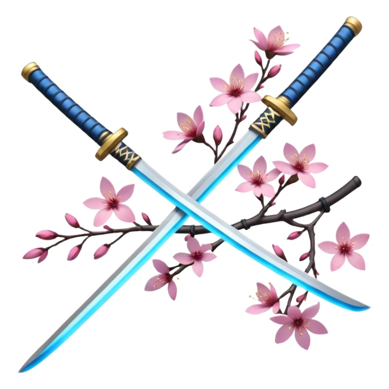 blue glowing katana multiple with accent words And Sakura flowers leaves and branches entangled with it sticker