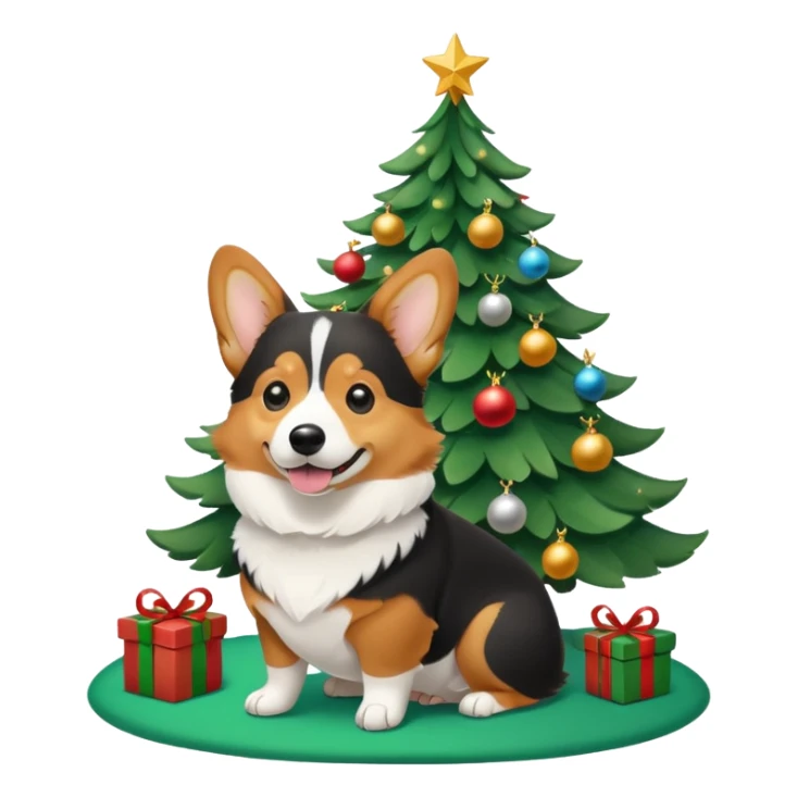 black tricolor corgi with no tail and christmas tree next to it sticker