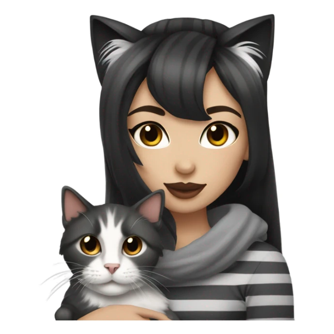 Beautiful dark haired tattooed woman holding gray and white stripe long haired cat sticker