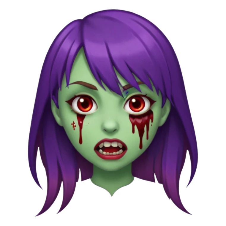uma garota com cabelo marrom com franja lateral e dois fios de cabelos são roxos na franja, e o cabelo é liso, e a pele dela é verde e a boca normal dente de vampiro e com sangue pingado no canto e um piercing no canto da boca. sticker