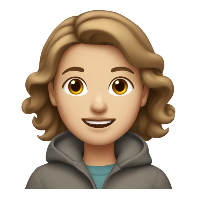 Brown-haired white girl smiling, wearing a grey coat sticker