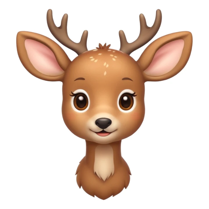 A cute deer is lying, small and simple, with big round eyes, a gentle smile, short antlers, soft beige fur with slightly lighter spots on its back, rounded cartoon-like proportions, minimal shading, vector-style, sticker