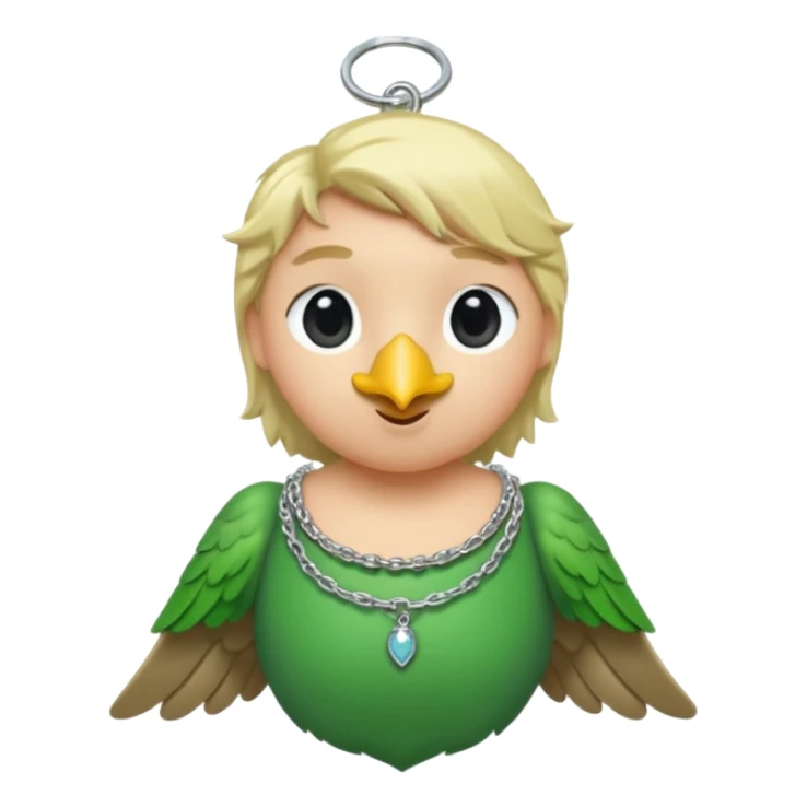 un oiseau classique tout vert avec un collier autour de son cou avec des breloque argentées et un seul poil blond qui fait une petite bouclette sur le front le collier est autour du coup de l’oiseau entre la tête et le corps sticker
