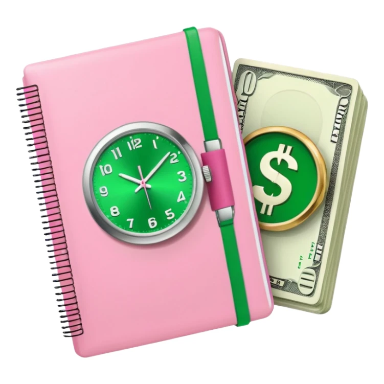 Libreta rosa, reloj femenino blanco y un dolar sticker
