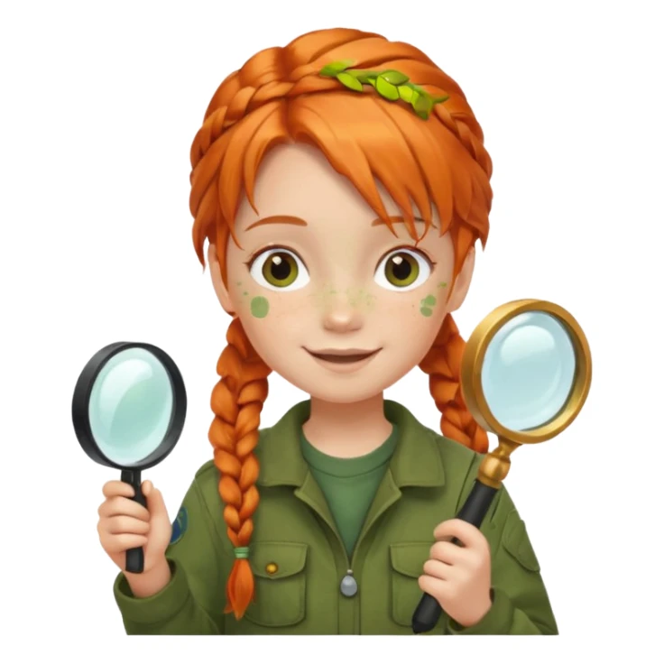 braid orange haired girl kid in moss green explorer outfit, holding magnifying glass, smile sticker