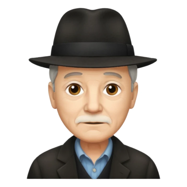 A light-skinned old man with short dark hair, and a black fedora, with an oval face and calm look. sticker