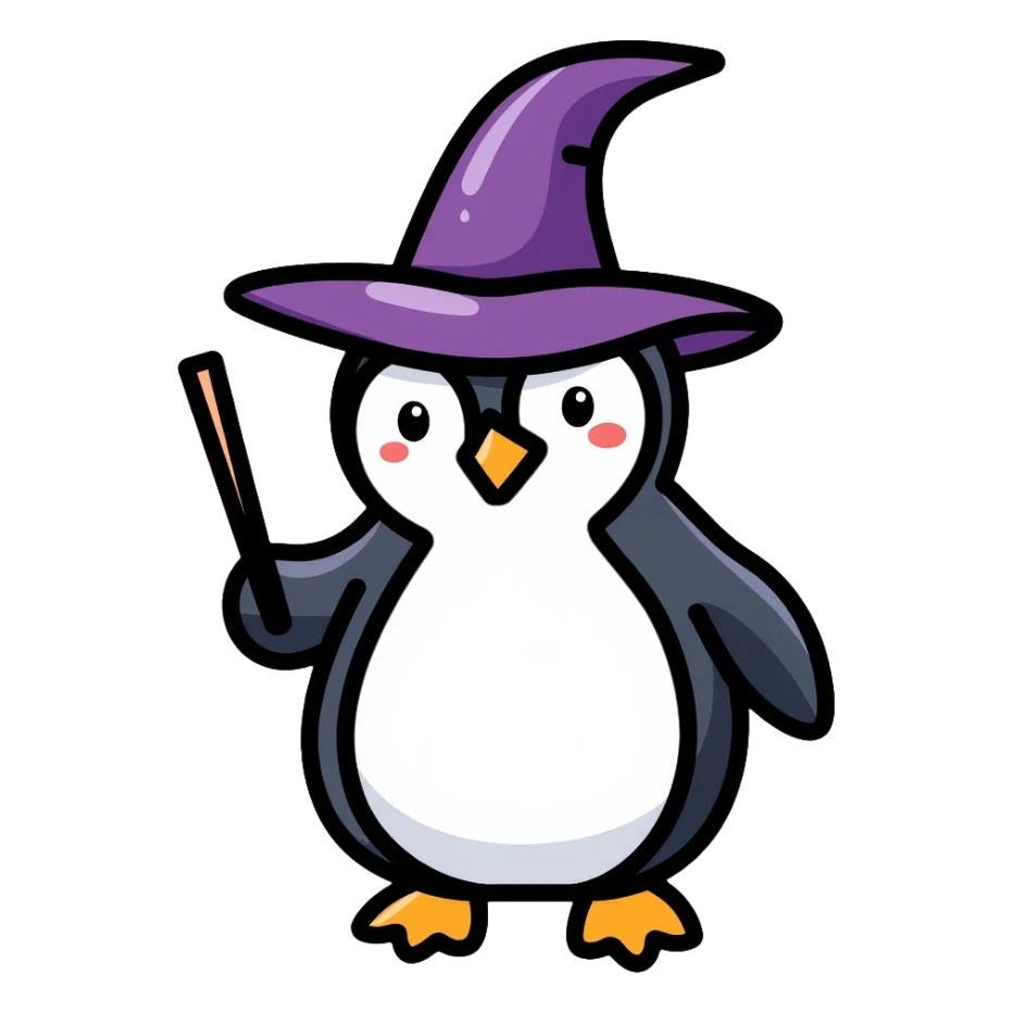 wizard penguin wearing a pointy wizard hat and holding a magic wand sticker