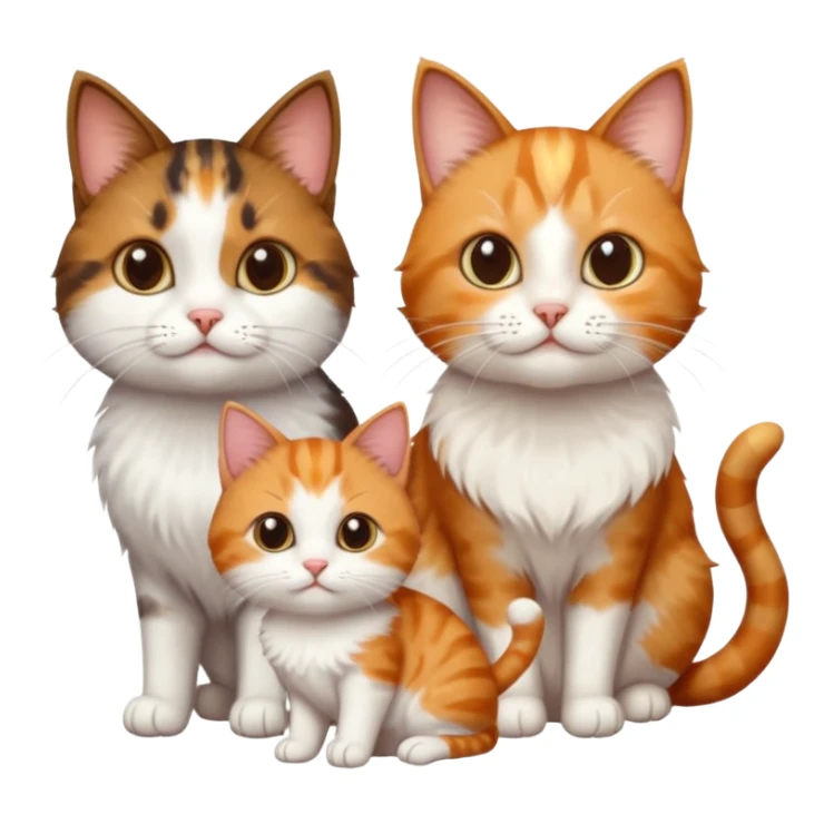 3 different coloured small cats including a dark brown tabby and white, and a patchy calico, and a ginger and white sticker