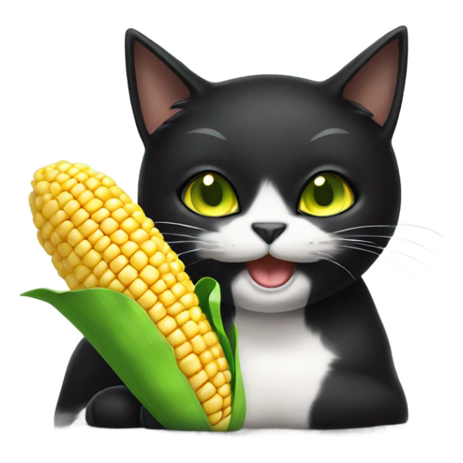 Black cat with green/yellow eyes next to a cob of corn sticker